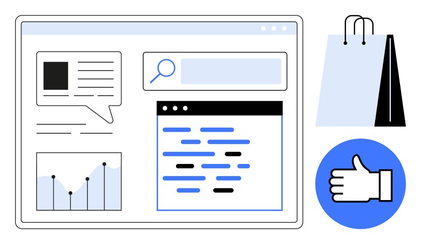 Webpage layout with analytics graph shopping bag vector image