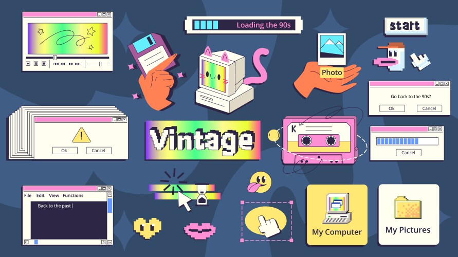 Sticker pack retro pc elements old computer Vector Image