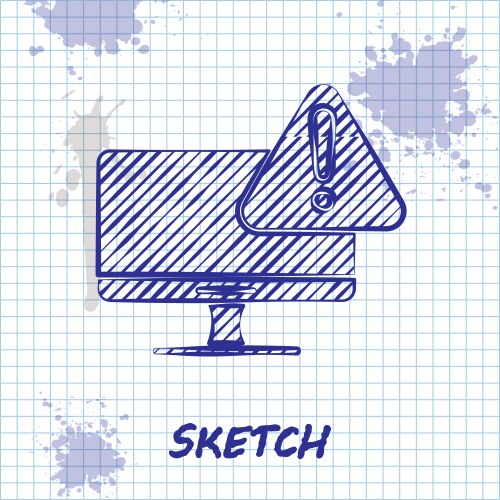 Sketch line computer monitor with exclamation mark vector image