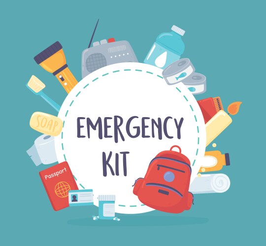 Emergency survival kit banner template with travel