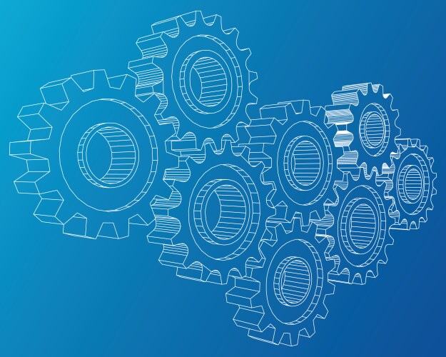 cogs and gears rendering of 3d wire-frame vector image