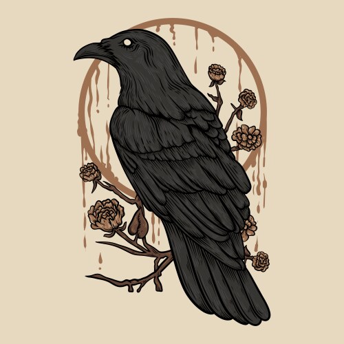 Raven Perch on Floral Branch Vector Image