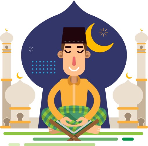 muslim man sholat praying alquran with background vector image