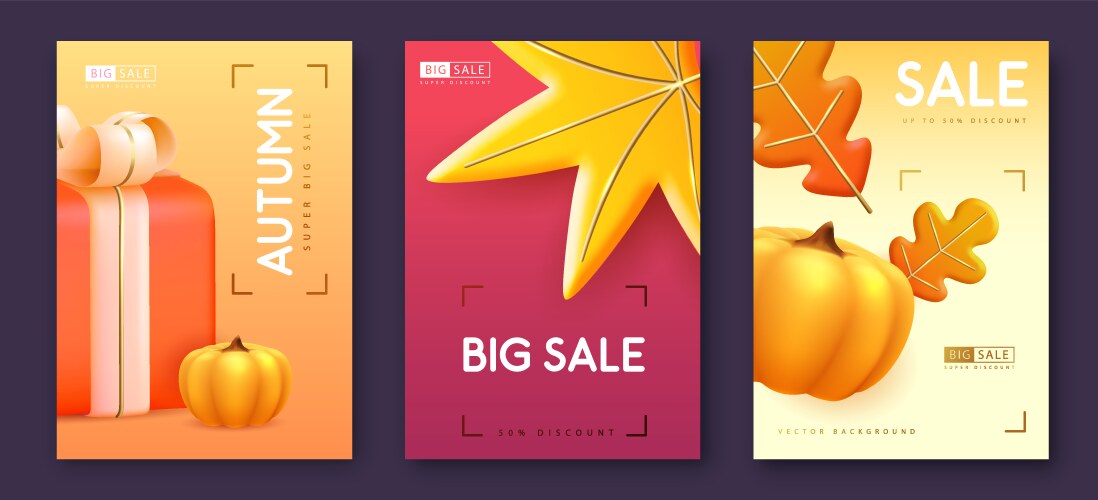 set of autumn big sale posters with 3d leaves vector image