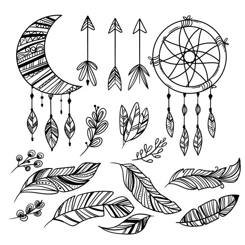 Engraving hand drawn boho element collection Vector Image