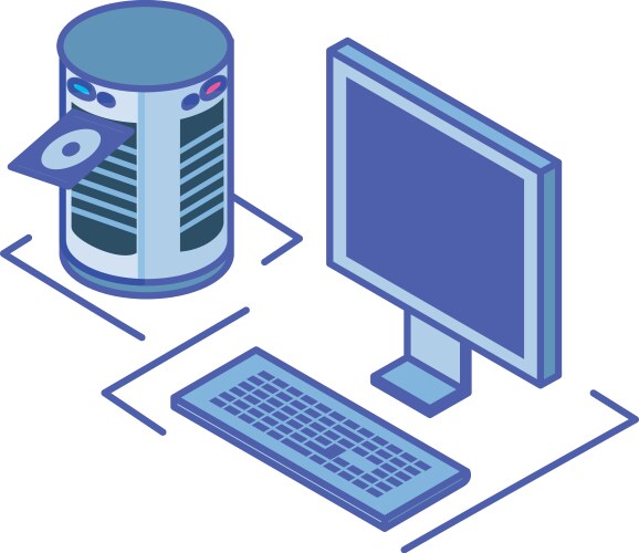 Desktop computer screen with keyboard and server vektorbild