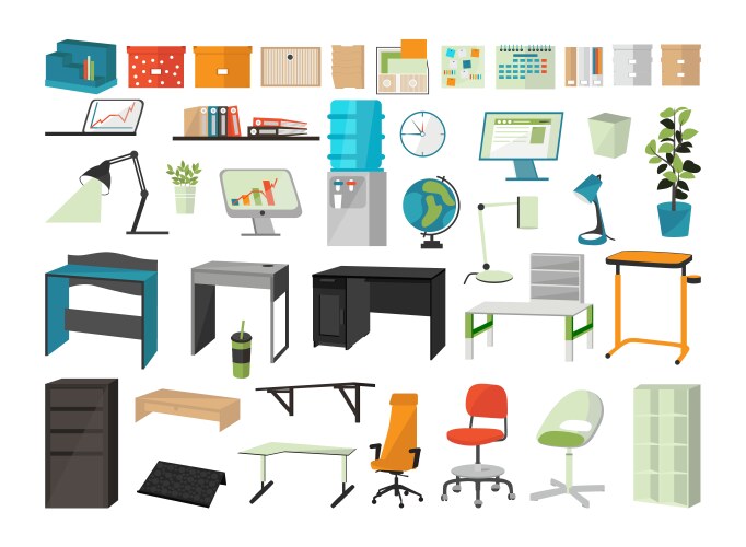 Office interior elements top view set Royalty Free Vector