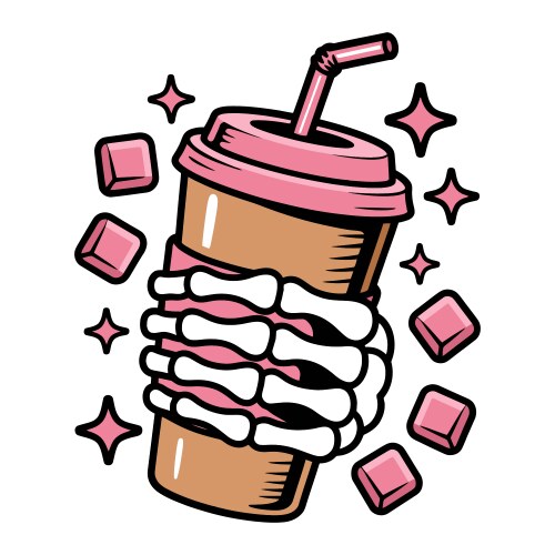 Skeleton hand holding iced coffee cup with pink Vector Image