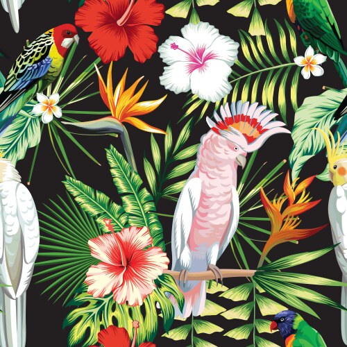 Parrot tropical flowers and leaves seamless vector image