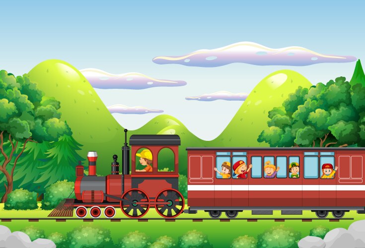 Kids in Train Scenic Landscape vector image