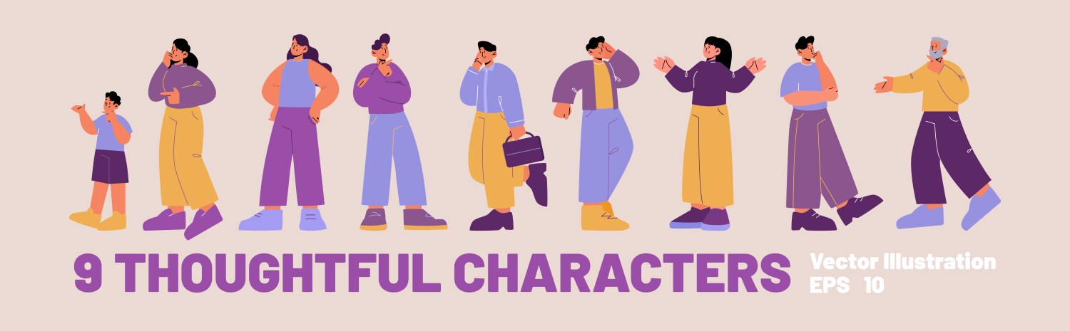 Thoughtful characters set diverse people think Vector Image