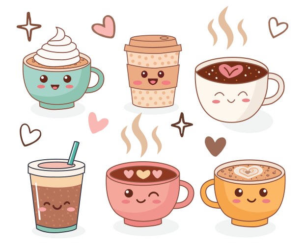 Cute cups of coffee set sticker kawaii icon Vector Image