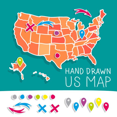 Hand drawn europe travel map with pins Royalty Free Vector