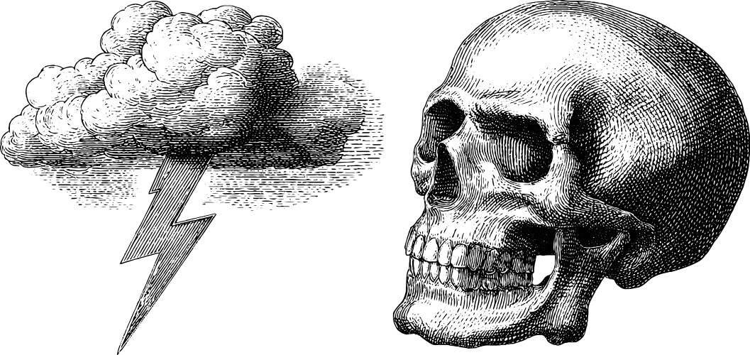 Engraved of lightning bolt and skull Vector Image