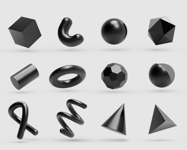 realistic 3d black metal geometric shapes objects vector image