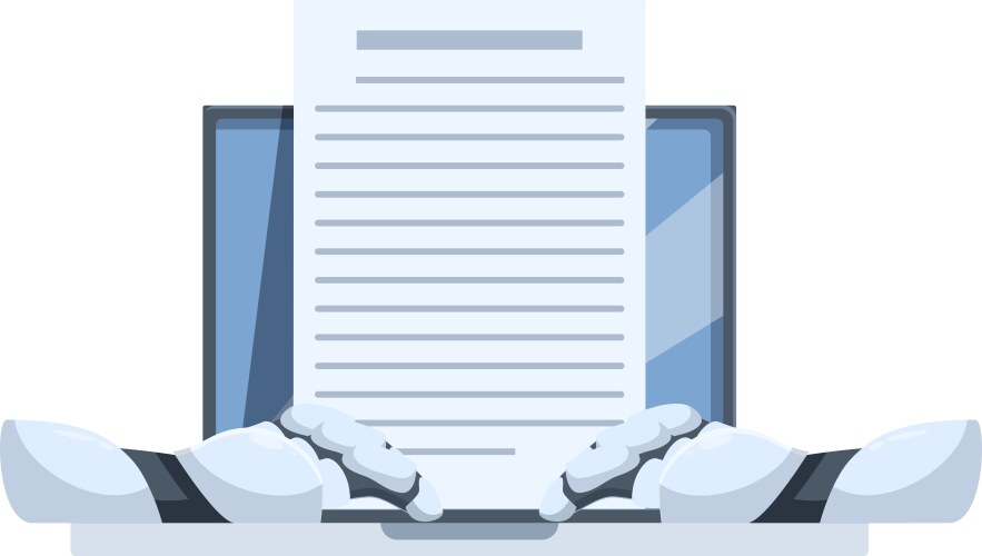 Robot hands typing on laptop keyboard generating vector image