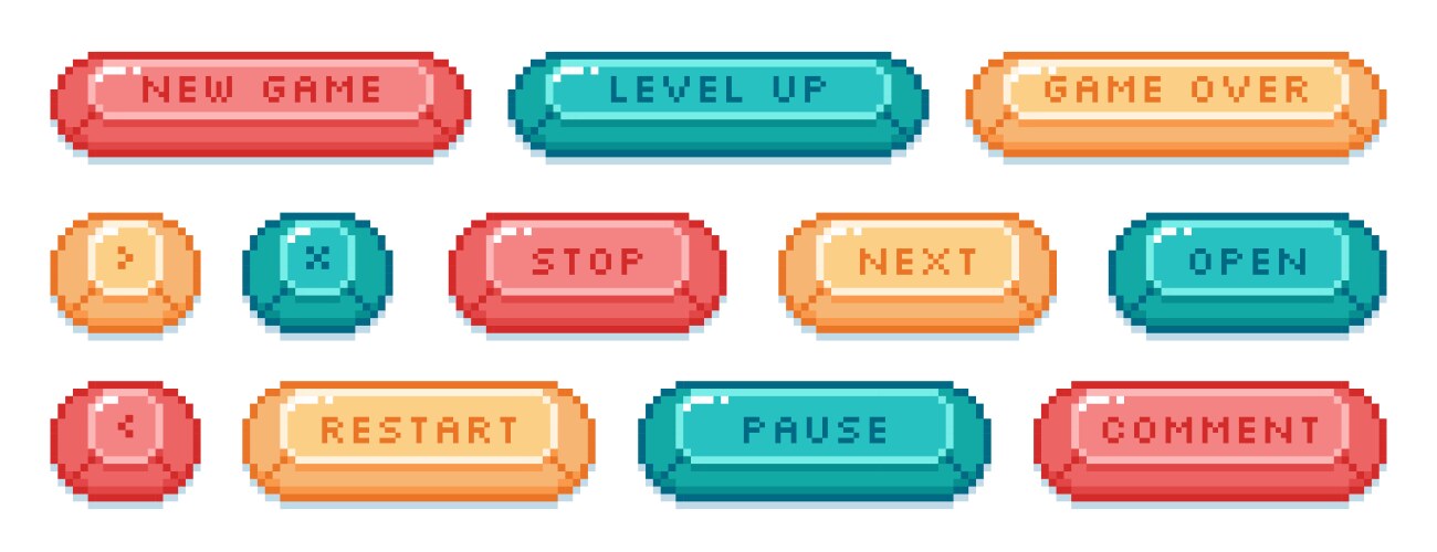 8bit retro pixel art buttons interface menu icons vector image