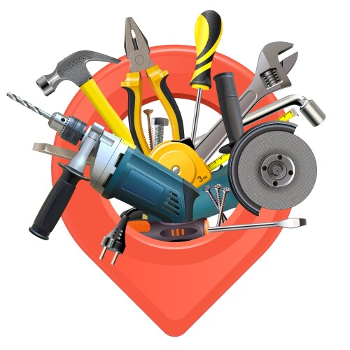 Construction tools with red map pointer vector image