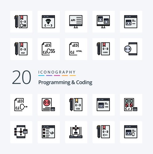 20 programming and coding line filled color icon vector image