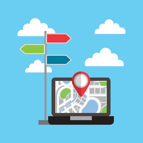 Navigation laptop map screen pointer and signpost vector image