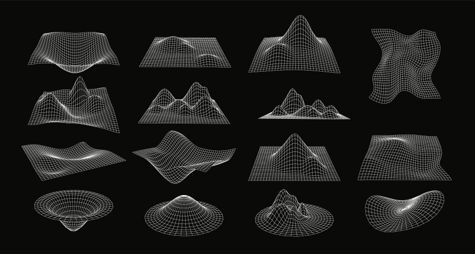 3d wireframe shapes perspective grid waves tech vector image