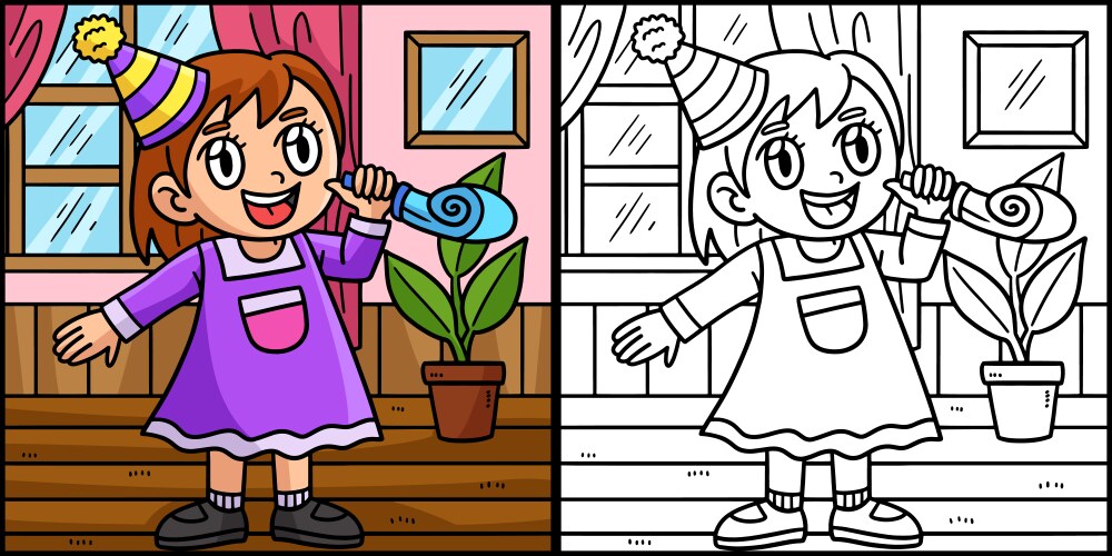 New Year Child Blowing Horn - Coloring Page Vector Image