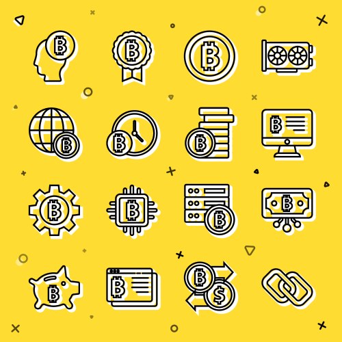 Set line chain link bitcoin with circuit mining vector image