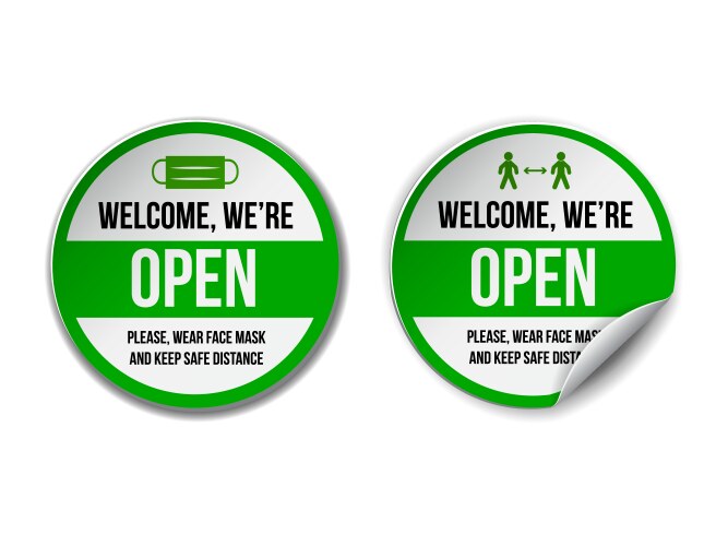 open sign on green label - welcome back set vector image