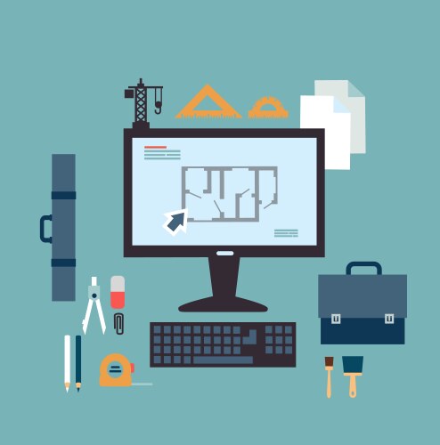 Architect Creating Blueprints on Computer vector image