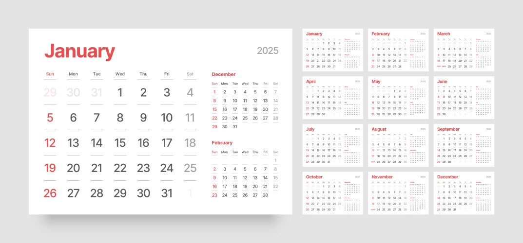 monthly calendar layout for 2025 planner diary vector image