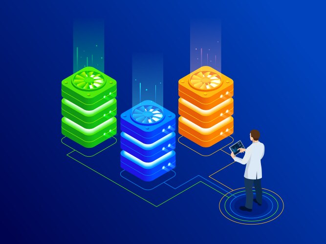 isometric big data server room with bright vector