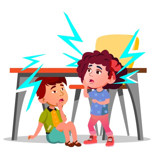 two frightened kids sitting under the table during vector