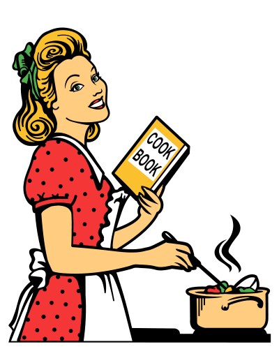 Retro young woman in clothes cooking soup vector image