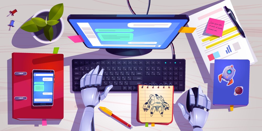 Workspace with robot hands on computer keyboard vector image