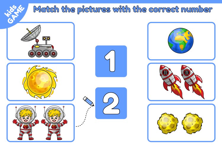 Math game match space objects with correct number vector image