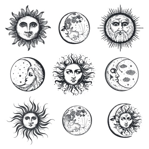 Moon and sun hand drawing in engraving style set Vector Image