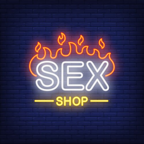 sex shop lettering on fire neon sign brick vector