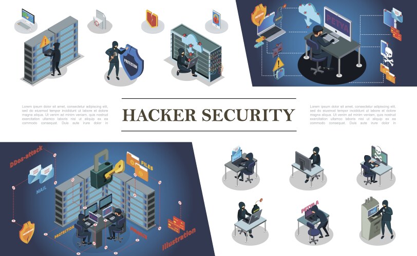 Isometric Hacking Activity Elements Composition Vector Image