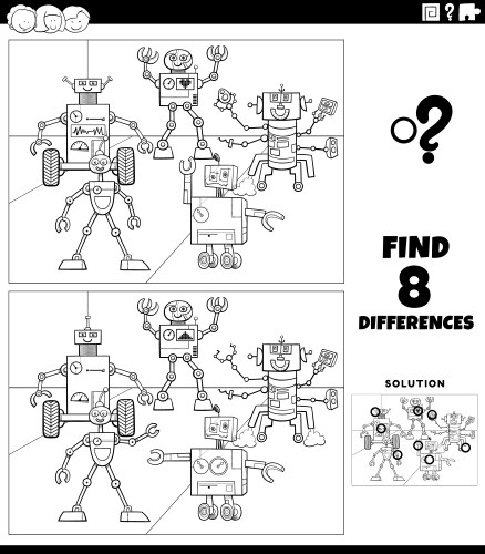 Differences educational task with robots coloring vector image