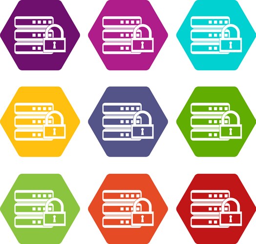 Database with padlock icon set color hexahedron vector image