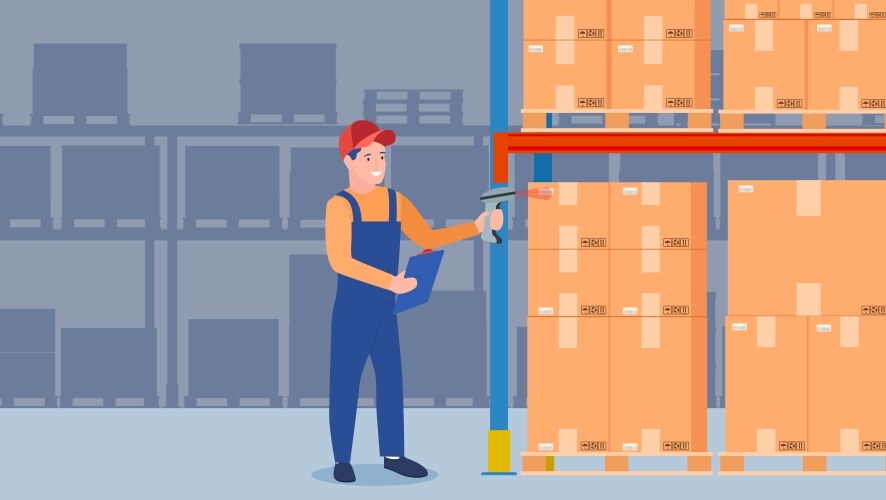 warehouse worker scanning barcode vector image