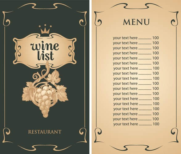 wine menu with grape bunch crown and price list vector image