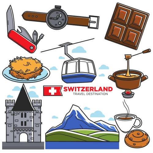 Switzerland travel sightseeing icons vector image