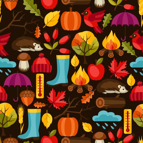 Seamless pattern with autumn icons and objects vector image