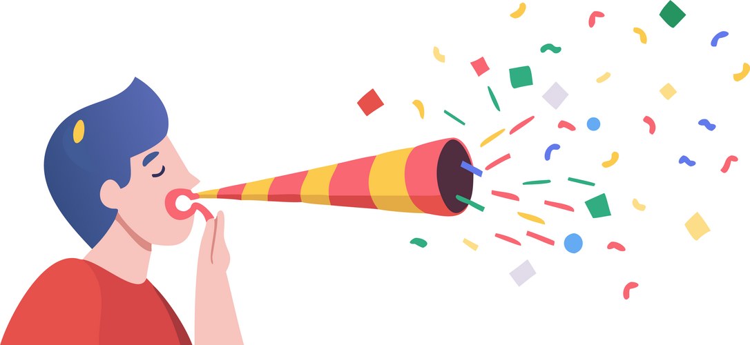 Man Blowing Confetti Horn - Party Celebration Vector Image