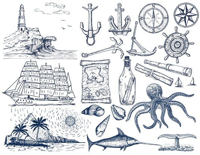 Nautical Sketch Set - Sailing & Marine Vector Image