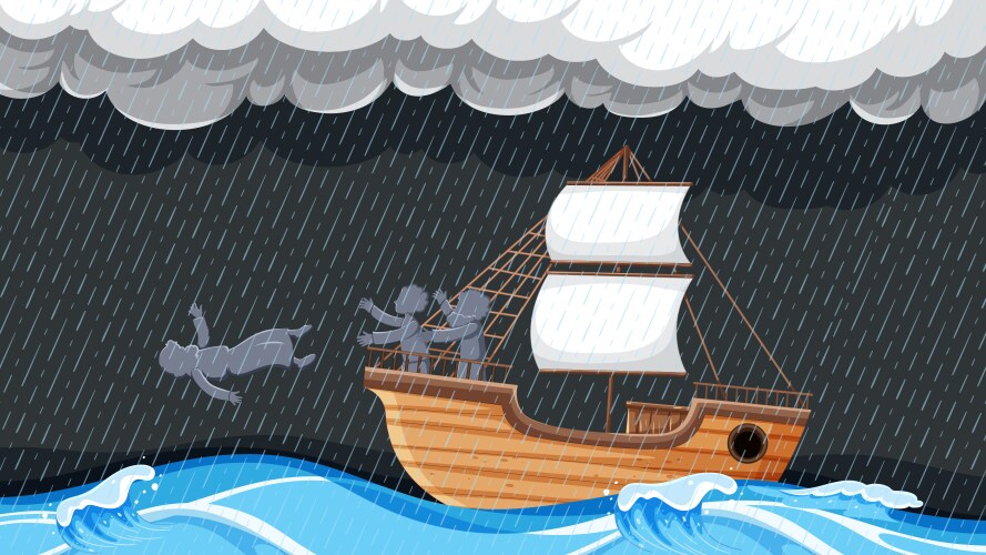 Jonah and the big fish ship caught in storm Vector Image