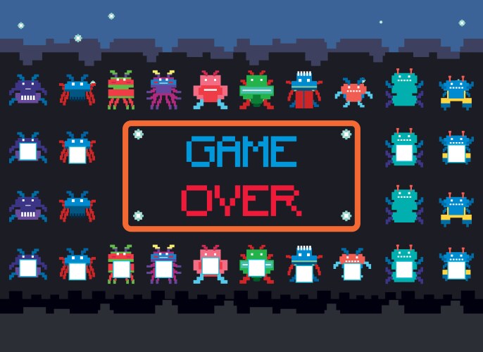 Pixel space game interface with over button vector image