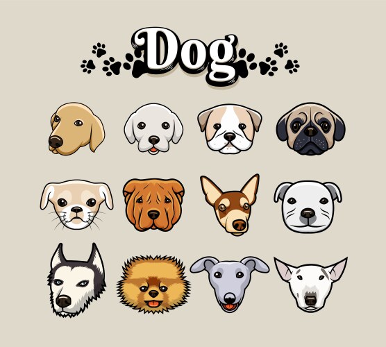 Various dog head set Royalty Free Vector Image