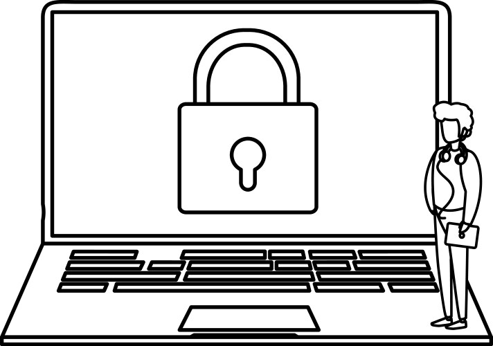Man using laptop computer with shield vector image